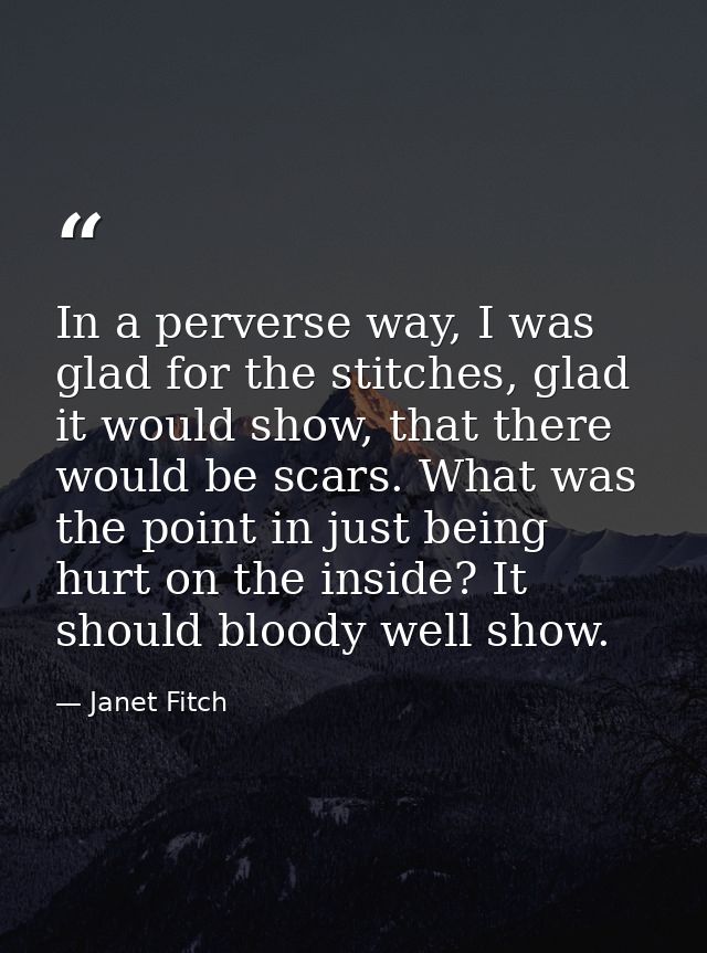 In a perverse way, I was glad for the stitches, glad it would show, that there would be scars. What was the point in jus — Janet Fitch
