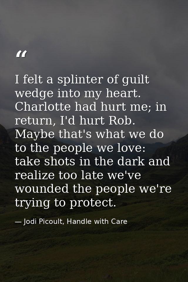 I felt a splinter of guilt wedge into my heart. Charlotte had hurt me; in return, I'd hurt Rob. Maybe that's what we do  — Jodi Picoult, Handle with Care