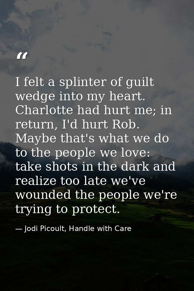 I felt a splinter of guilt wedge into my heart. Charlotte had hurt me; in return, I'd hurt Rob. Maybe that's what we do  — Jodi Picoult, Handle with Care