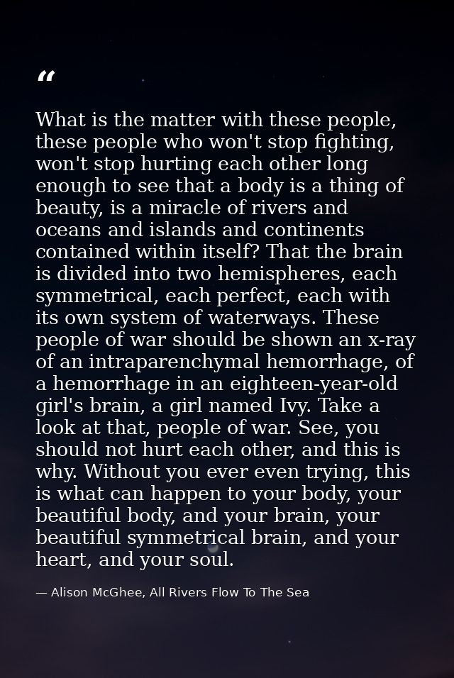 What is the matter with these people, these people who won't stop fighting, won't stop hurting each other long enough to — Alison McGhee, All Rivers Flow To The Sea