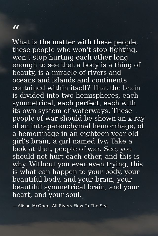 What is the matter with these people, these people who won't stop fighting, won't stop hurting each other long enough to — Alison McGhee, All Rivers Flow To The Sea