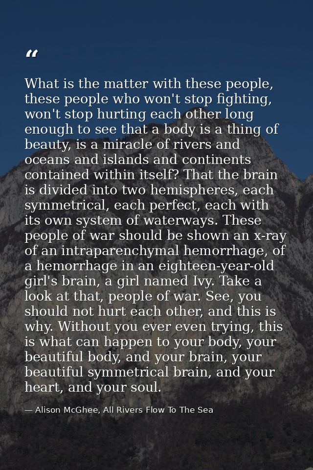 What is the matter with these people, these people who won't stop fighting, won't stop hurting each other long enough to — Alison McGhee, All Rivers Flow To The Sea