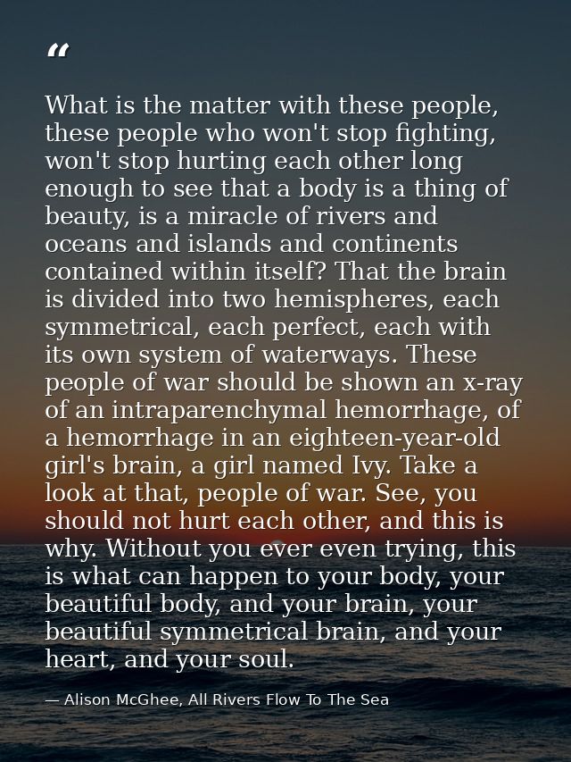 What is the matter with these people, these people who won't stop fighting, won't stop hurting each other long enough to — Alison McGhee, All Rivers Flow To The Sea
