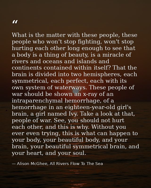 What is the matter with these people, these people who won't stop fighting, won't stop hurting each other long enough to — Alison McGhee, All Rivers Flow To The Sea