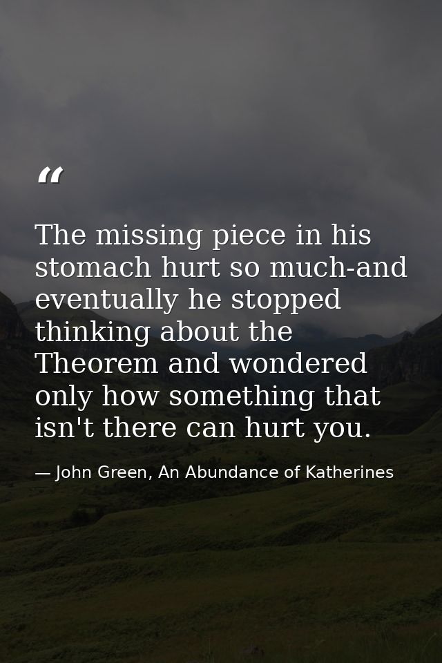 The missing piece in his stomach hurt so much-and eventually he stopped thinking about the Theorem and wondered only how — John Green, An Abundance of Katherines