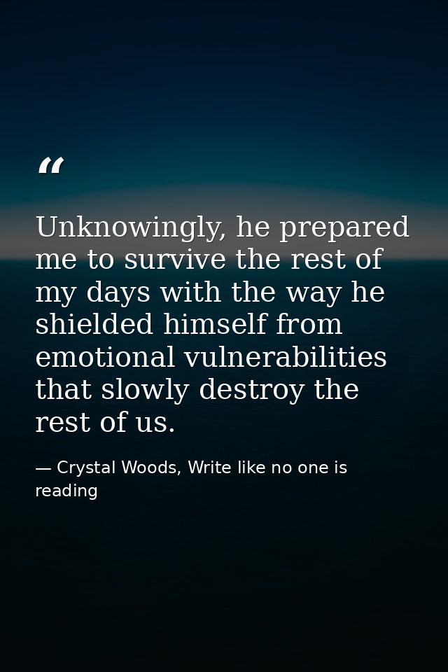 Unknowingly, he prepared me to survive the rest of my days with the way he shielded himself from emotional vulnerabiliti — Crystal Woods, Write like no one is reading