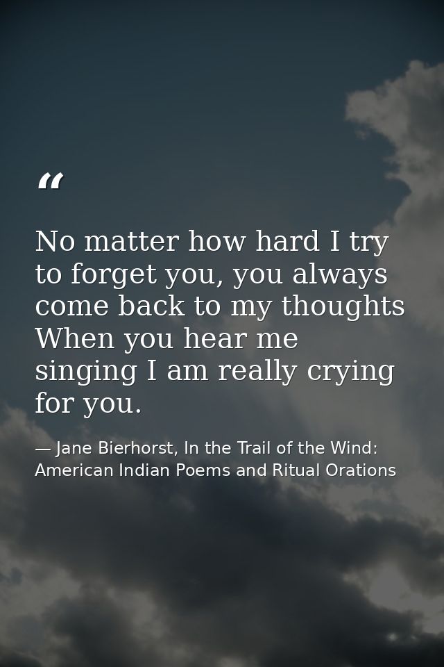 No matter how hard I try to forget you, you always come back to my thoughts When you hear me singing I am really crying  — Jane Bierhorst, In the Trail of the Wind: American Indian Poems and Ritual Orations