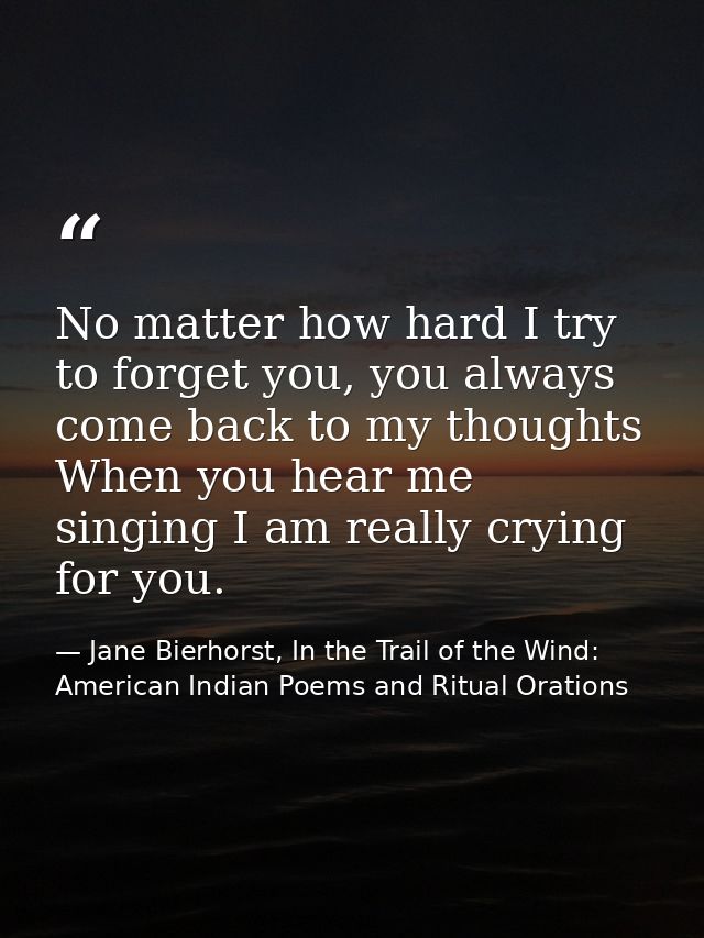 No matter how hard I try to forget you, you always come back to my thoughts When you hear me singing I am really crying  — Jane Bierhorst, In the Trail of the Wind: American Indian Poems and Ritual Orations