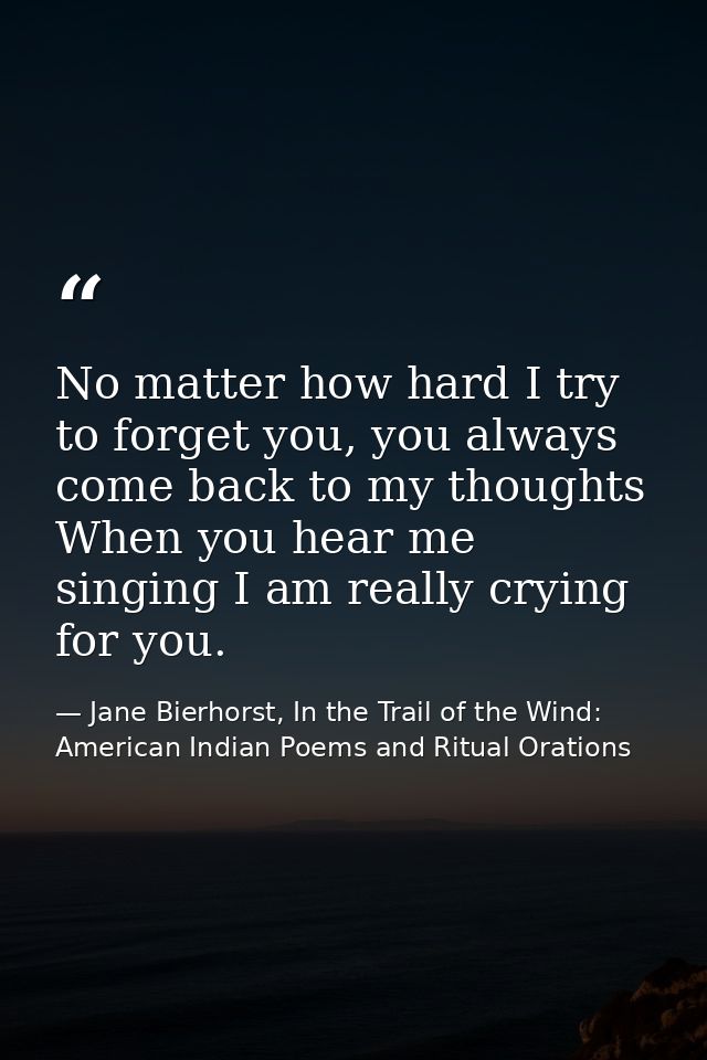 No matter how hard I try to forget you, you always come back to my thoughts When you hear me singing I am really crying  — Jane Bierhorst, In the Trail of the Wind: American Indian Poems and Ritual Orations