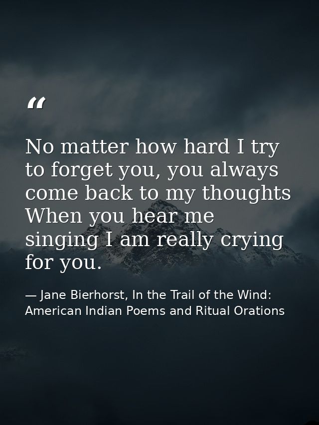 No matter how hard I try to forget you, you always come back to my thoughts When you hear me singing I am really crying  — Jane Bierhorst, In the Trail of the Wind: American Indian Poems and Ritual Orations