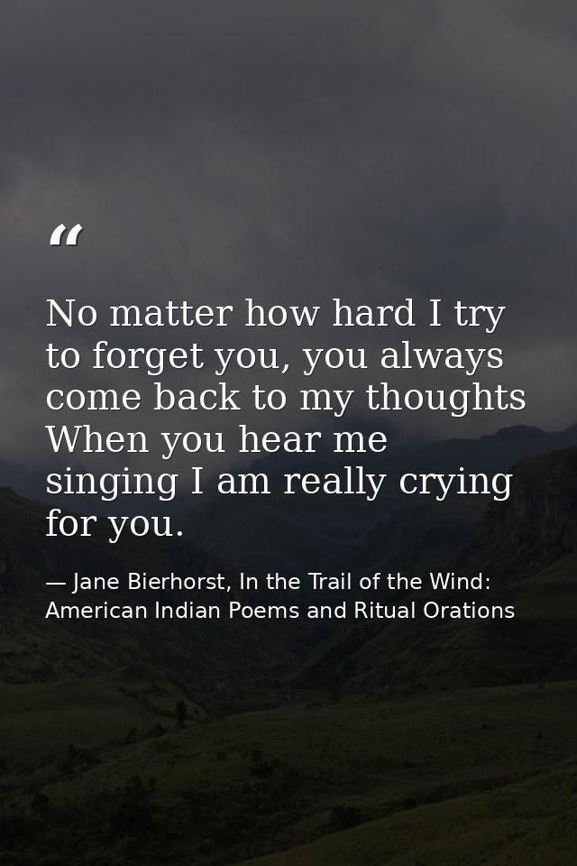 No matter how hard I try to forget you, you always come back to my thoughts When you hear me singing I am really crying  — Jane Bierhorst, In the Trail of the Wind: American Indian Poems and Ritual Orations