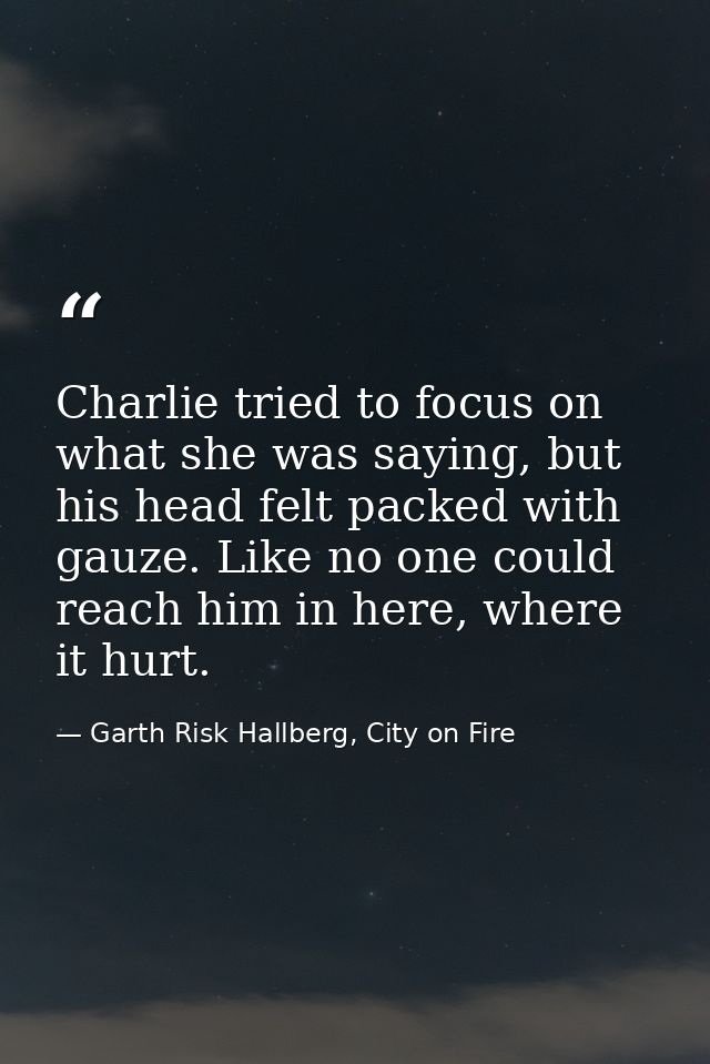 Charlie tried to focus on what she was saying, but his head felt packed with gauze. Like no one could reach him in here, — Garth Risk Hallberg, City on Fire