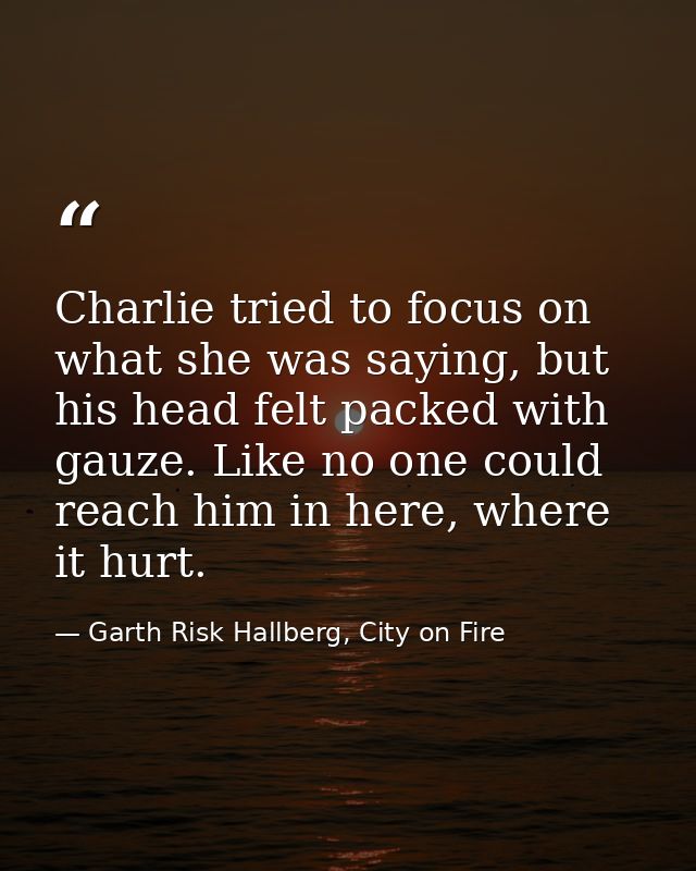 Charlie tried to focus on what she was saying, but his head felt packed with gauze. Like no one could reach him in here, — Garth Risk Hallberg, City on Fire