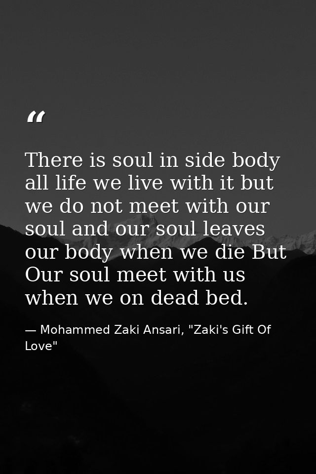 There is soul in side body all life we live with it but we do not meet with our soul and our soul leaves our body when w — Mohammed Zaki Ansari, "Zaki's Gift Of Love"