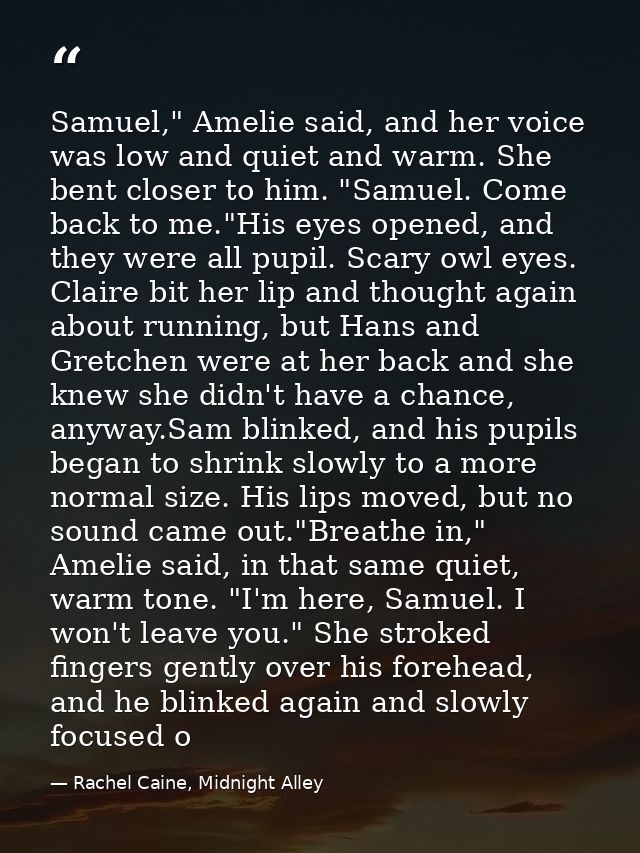 Samuel," Amelie said, and her voice was low and quiet and warm. She bent closer to him. "Samuel. Come back to me."His ey — Rachel Caine, Midnight Alley