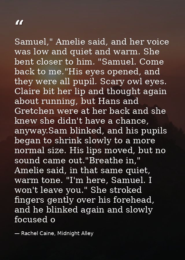Samuel," Amelie said, and her voice was low and quiet and warm. She bent closer to him. "Samuel. Come back to me."His ey — Rachel Caine, Midnight Alley