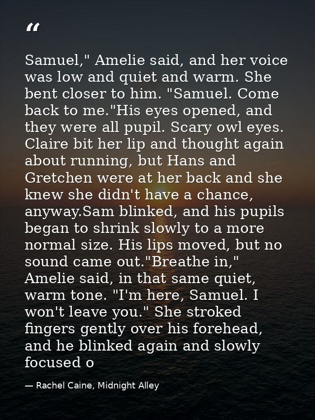 Samuel," Amelie said, and her voice was low and quiet and warm. She bent closer to him. "Samuel. Come back to me."His ey — Rachel Caine, Midnight Alley