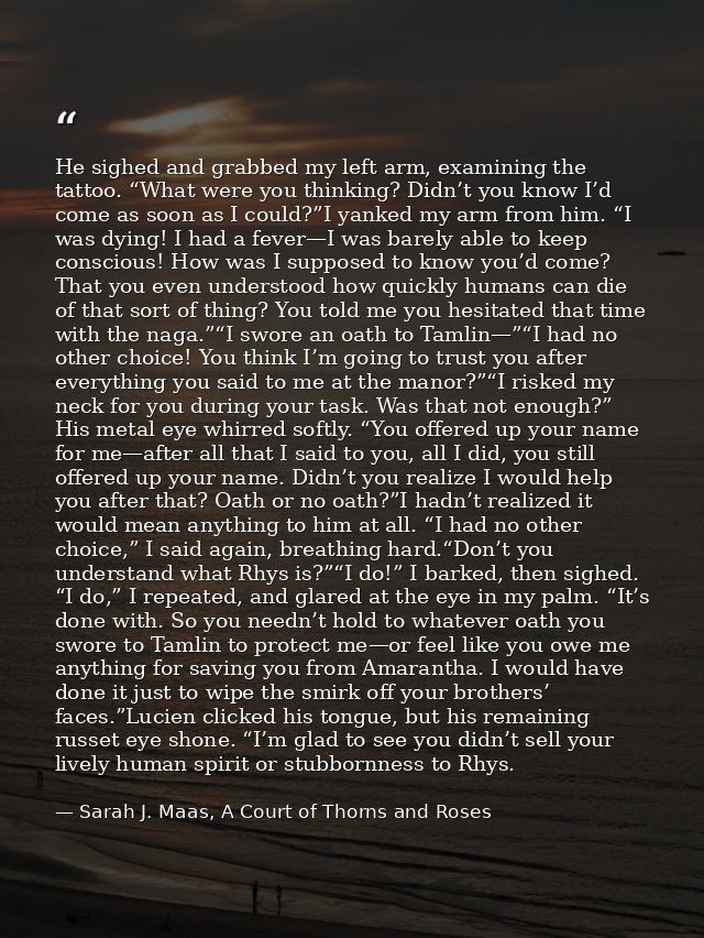 He sighed and grabbed my left arm, examining the tattoo. “What were you thinking? Didn’t you know I’d come as soon as I  — Sarah J. Maas, A Court of Thorns and Roses