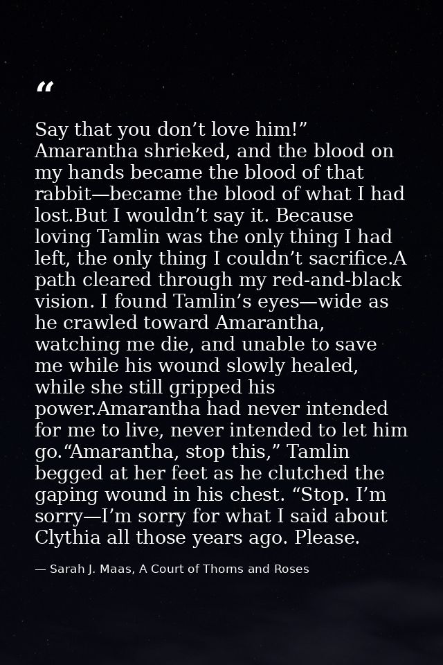 Say that you don’t love him!” Amarantha shrieked, and the blood on my hands became the blood of that rabbit—became the b — Sarah J. Maas, A Court of Thorns and Roses