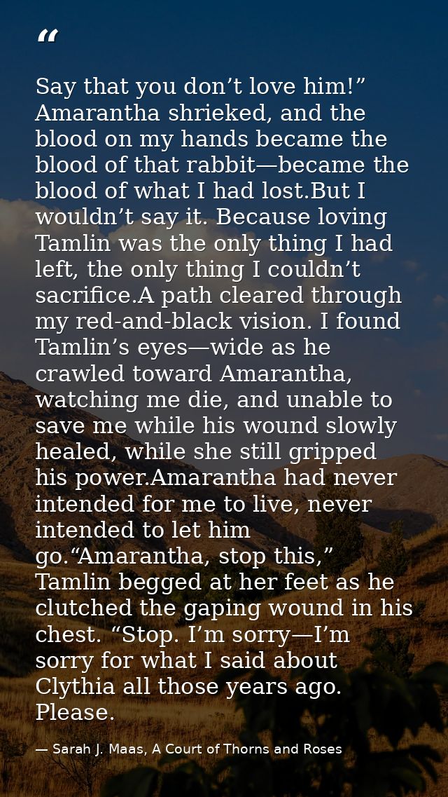 Say that you don’t love him!” Amarantha shrieked, and the blood on my hands became the blood of that rabbit—became the b — Sarah J. Maas, A Court of Thorns and Roses