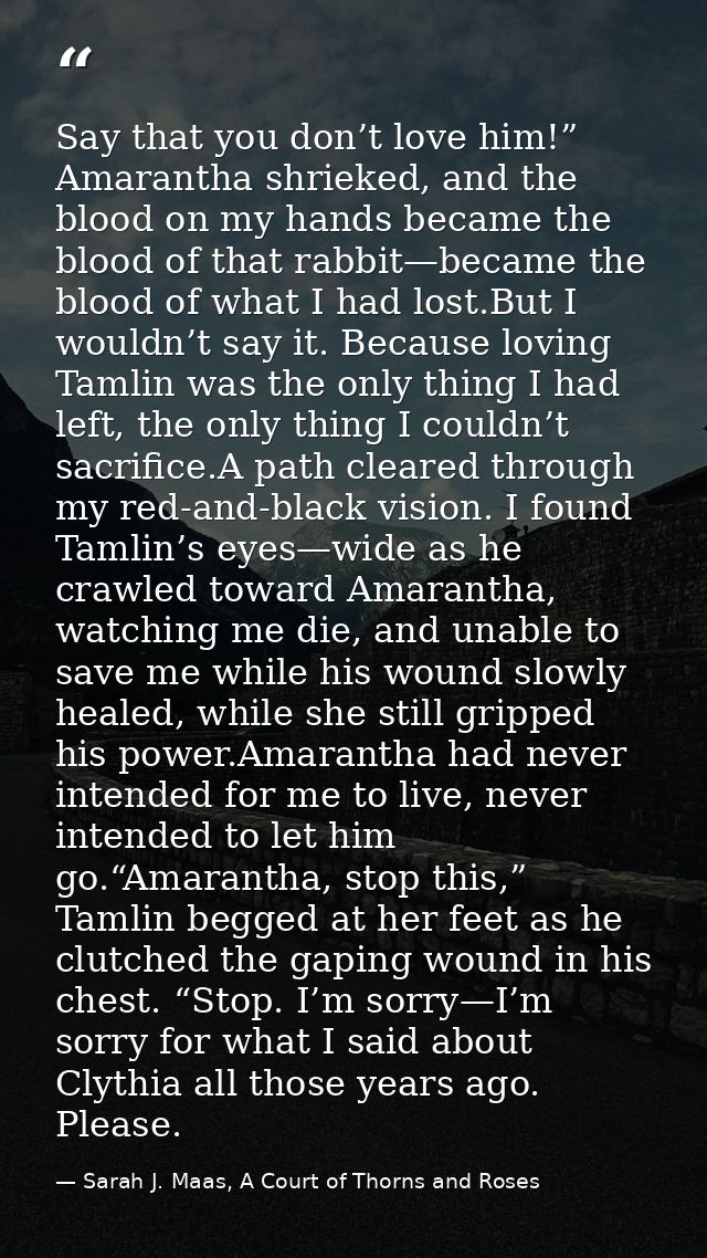 Say that you don’t love him!” Amarantha shrieked, and the blood on my hands became the blood of that rabbit—became the b — Sarah J. Maas, A Court of Thorns and Roses
