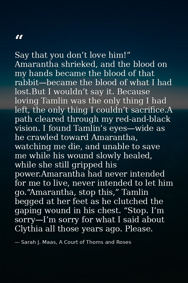 Say that you don’t love him!” Amarantha shrieked, and the blood on my hands became the blood of that rabbit—became the b — Sarah J. Maas, A Court of Thorns and Roses