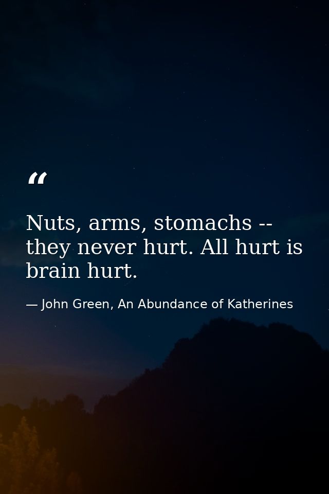 Nuts, arms, stomachs -- they never hurt. All hurt is brain hurt. — John Green, An Abundance of Katherines