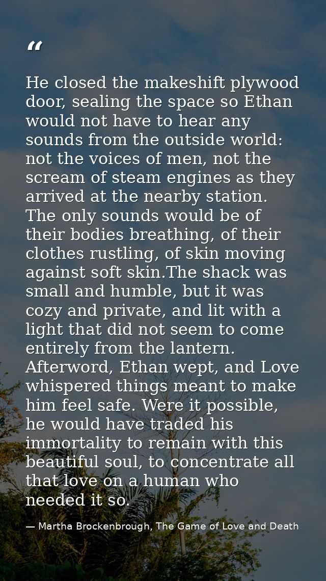 He closed the makeshift plywood door, sealing the space so Ethan would not have to hear any sounds from the outside worl — Martha Brockenbrough, The Game of Love and Death