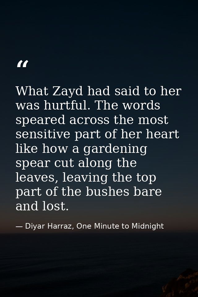 What Zayd had said to her was hurtful. The words speared across the most sensitive part of her heart like how a gardenin — Diyar Harraz, One Minute to Midnight