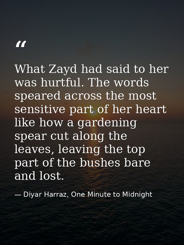 What Zayd had said to her was hurtful. The words speared across the most sensitive part of her heart like how a gardenin — Diyar Harraz, One Minute to Midnight