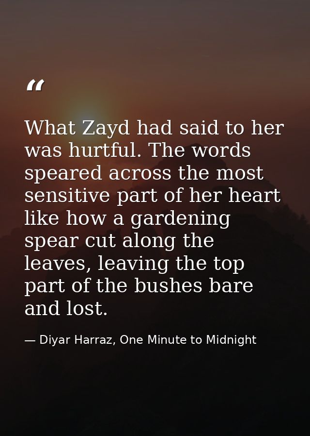 What Zayd had said to her was hurtful. The words speared across the most sensitive part of her heart like how a gardenin — Diyar Harraz, One Minute to Midnight