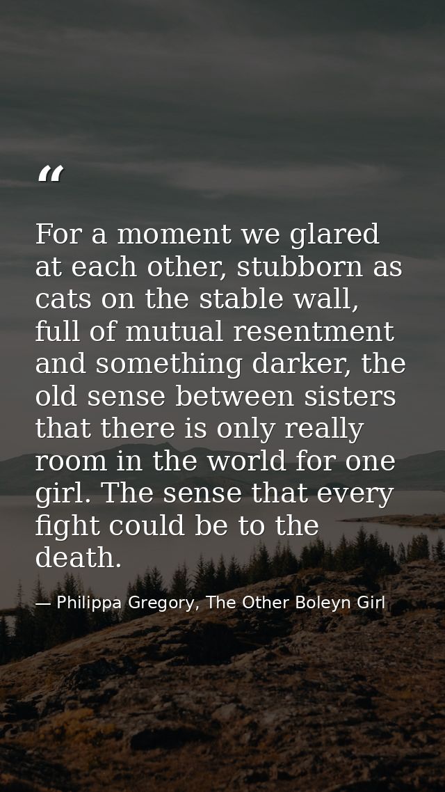 For a moment we glared at each other, stubborn as cats on the stable wall, full of mutual resentment and something darke — Philippa Gregory, The Other Boleyn Girl