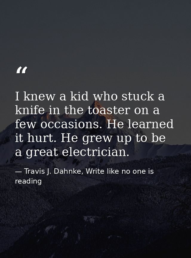 I knew a kid who stuck a knife in the toaster on a few occasions. He learned it hurt. He grew up to be a great electrici — Travis J. Dahnke, Write like no one is reading