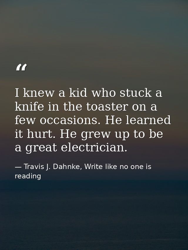I knew a kid who stuck a knife in the toaster on a few occasions. He learned it hurt. He grew up to be a great electrici — Travis J. Dahnke, Write like no one is reading