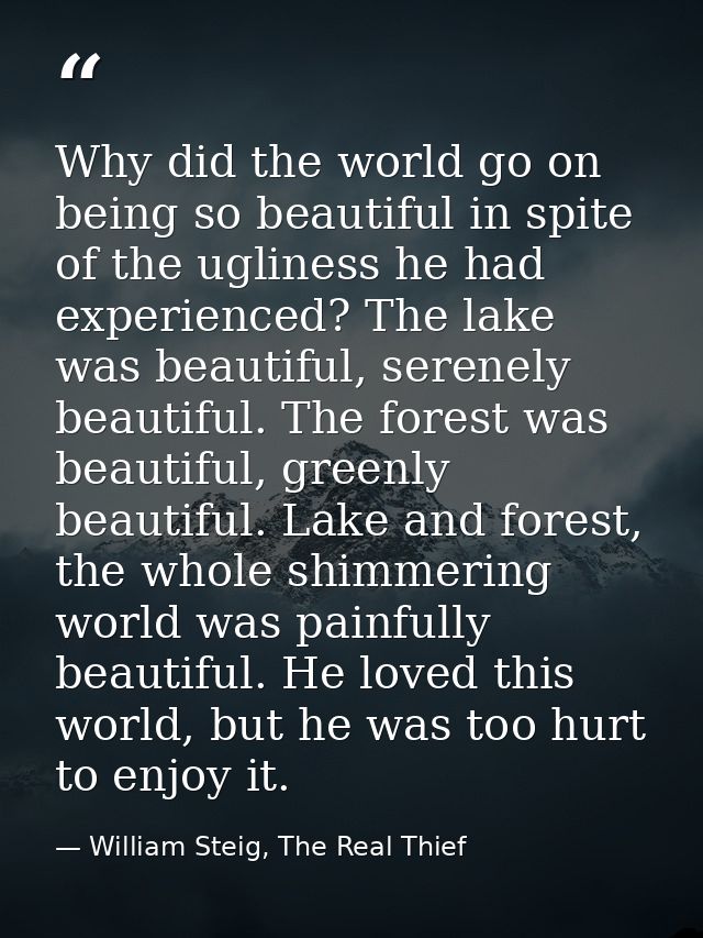 Why did the world go on being so beautiful in spite of the ugliness he had experienced? The lake was beautiful, serenely — William Steig, The Real Thief