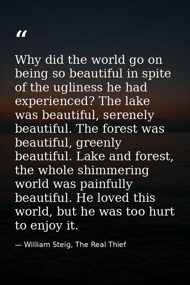 Why did the world go on being so beautiful in spite of the ugliness he had experienced? The lake was beautiful, serenely — William Steig, The Real Thief