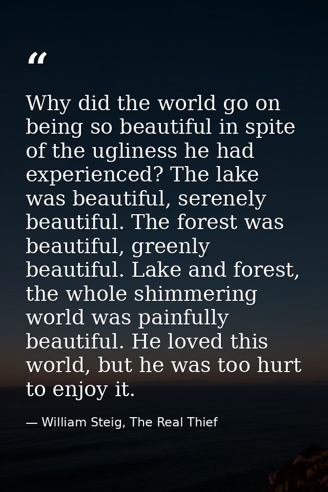 Why did the world go on being so beautiful in spite of the ugliness he had experienced? The lake was beautiful, serenely — William Steig, The Real Thief