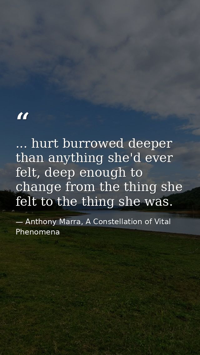 ... hurt burrowed deeper than anything she'd ever felt, deep enough to change from the thing she felt to the thing she w — Anthony Marra, A Constellation of Vital Phenomena