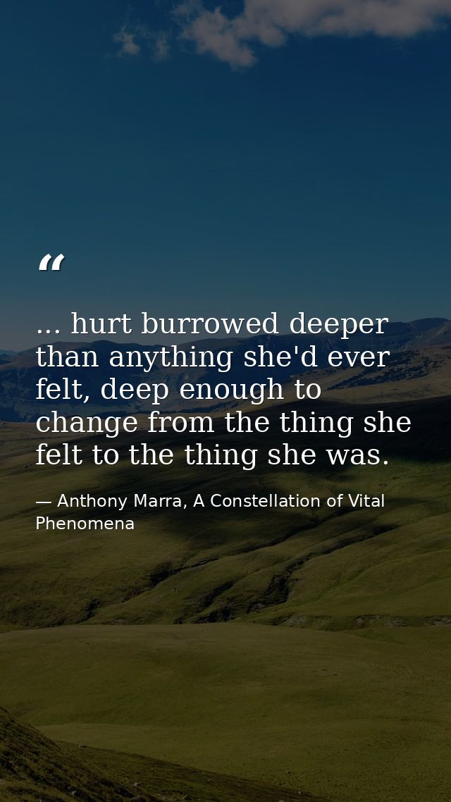 ... hurt burrowed deeper than anything she'd ever felt, deep enough to change from the thing she felt to the thing she w — Anthony Marra, A Constellation of Vital Phenomena