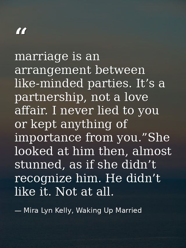 marriage is an arrangement between like-minded parties. It’s a partnership, not a love affair. I never lied to you or ke — Mira Lyn Kelly, Waking Up Married