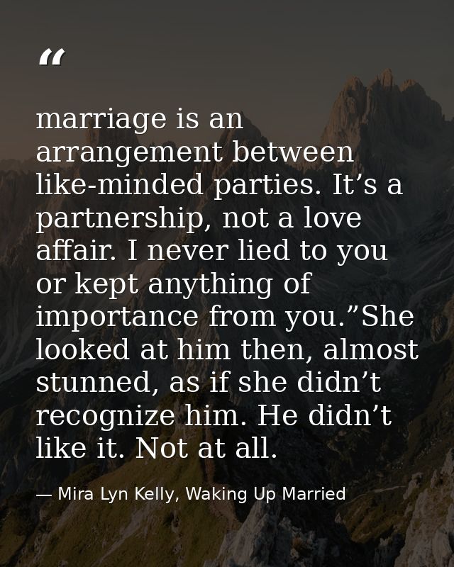 marriage is an arrangement between like-minded parties. It’s a partnership, not a love affair. I never lied to you or ke — Mira Lyn Kelly, Waking Up Married
