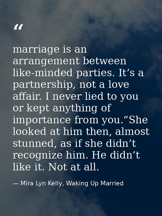marriage is an arrangement between like-minded parties. It’s a partnership, not a love affair. I never lied to you or ke — Mira Lyn Kelly, Waking Up Married