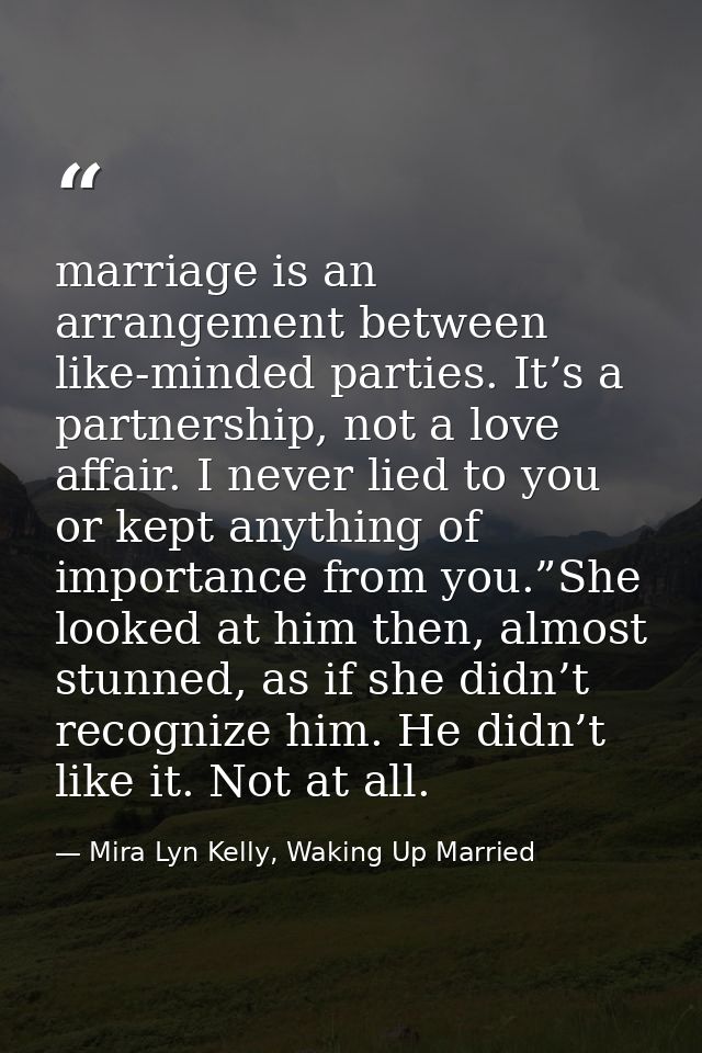marriage is an arrangement between like-minded parties. It’s a partnership, not a love affair. I never lied to you or ke — Mira Lyn Kelly, Waking Up Married