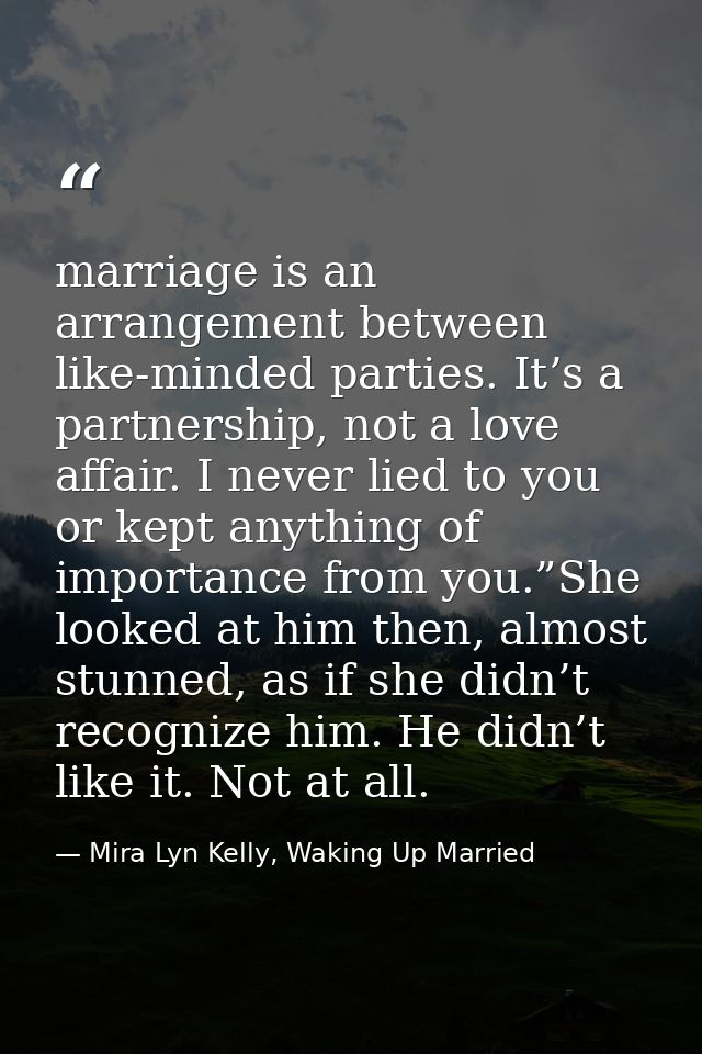 marriage is an arrangement between like-minded parties. It’s a partnership, not a love affair. I never lied to you or ke — Mira Lyn Kelly, Waking Up Married