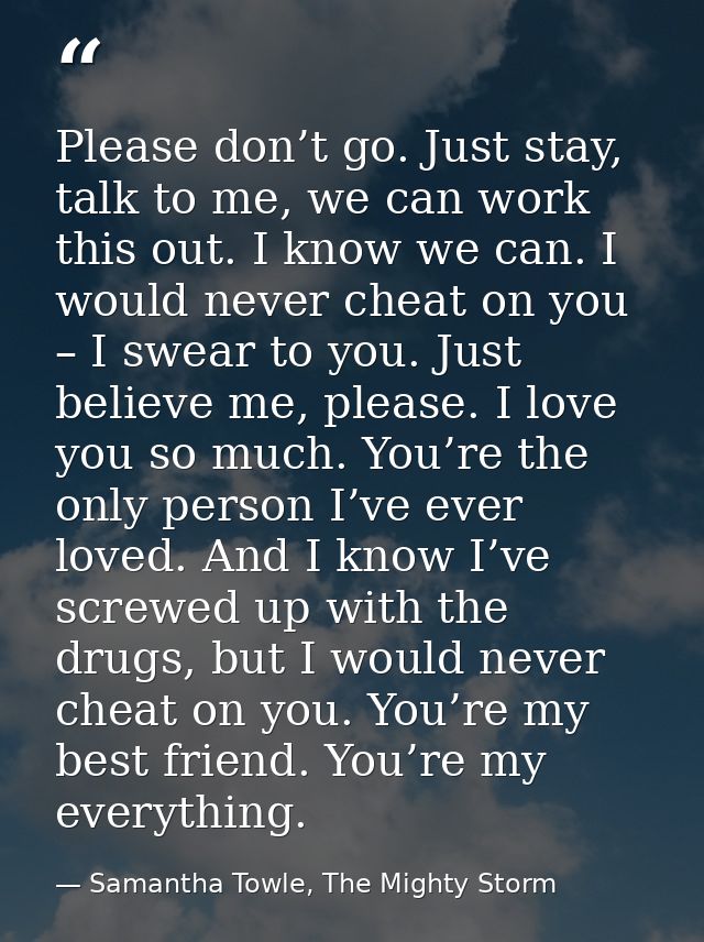 Please don’t go. Just stay, talk to me, we can work this out. I know we can. I would never cheat on you – I swear to you — Samantha Towle, The Mighty Storm