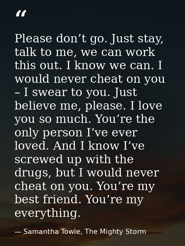 Please don’t go. Just stay, talk to me, we can work this out. I know we can. I would never cheat on you – I swear to you — Samantha Towle, The Mighty Storm
