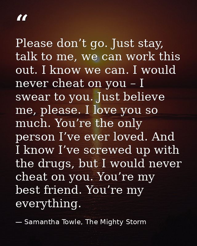Please don’t go. Just stay, talk to me, we can work this out. I know we can. I would never cheat on you – I swear to you — Samantha Towle, The Mighty Storm