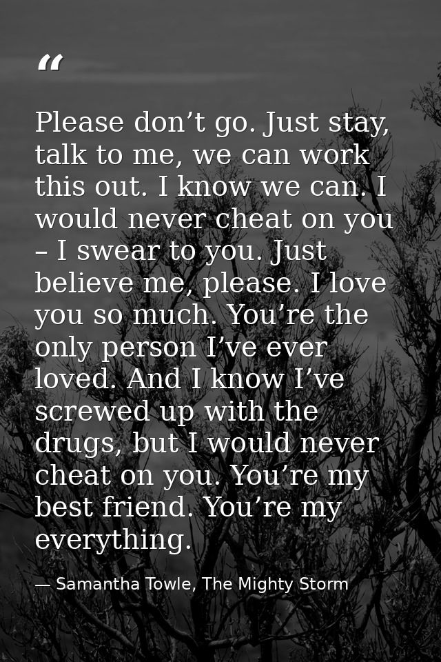 Please don’t go. Just stay, talk to me, we can work this out. I know we can. I would never cheat on you – I swear to you — Samantha Towle, The Mighty Storm