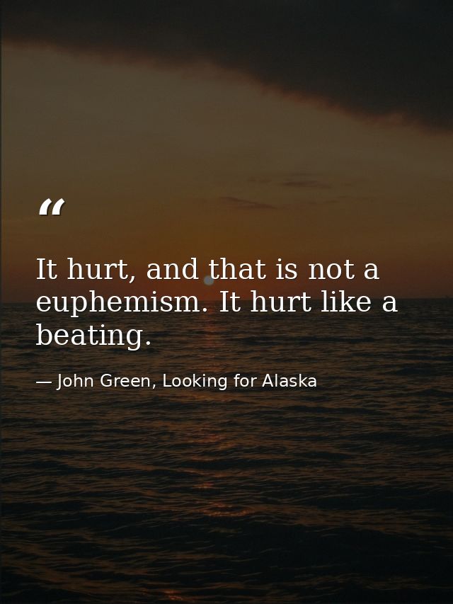 It hurt, and that is not a euphemism. It hurt like a beating. — John Green, Looking for Alaska