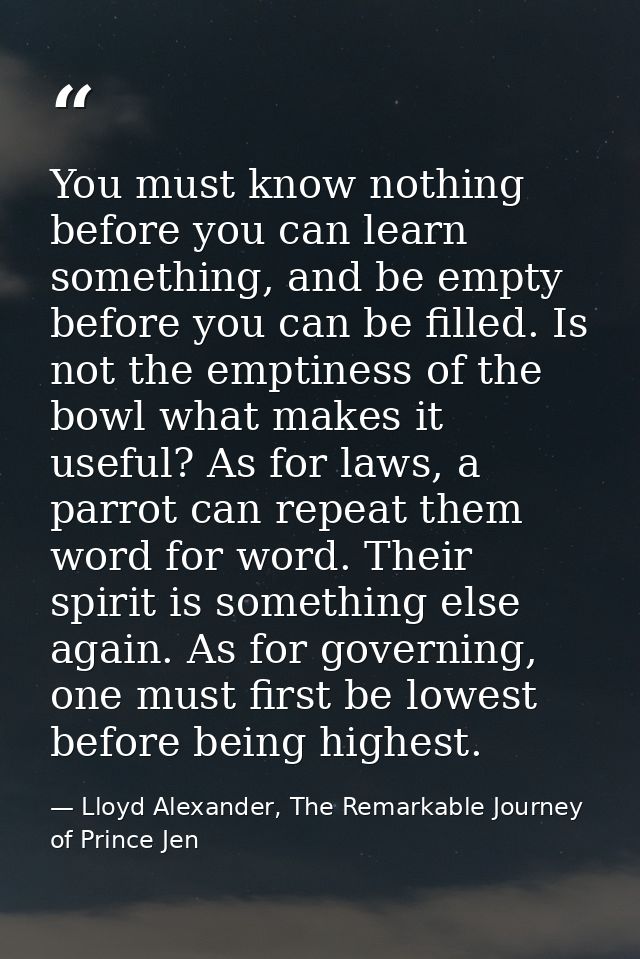 You must know nothing before you can learn something, and be empty before you can be filled. Is not the emptiness of the — Lloyd Alexander, The Remarkable Journey of Prince Jen